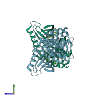 PDB entry 2fb8 coloured by chain, side view.