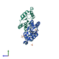 PDB entry 2fcj coloured by chain, side view.
