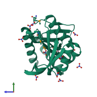 PDB entry 2fck coloured by chain, side view.
