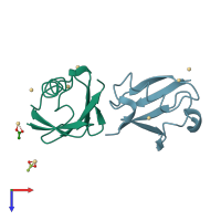 PDB entry 2fcm coloured by chain, top view.