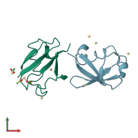 PDB entry 2fcn coloured by chain, front view.