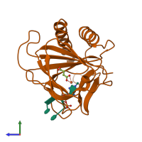 PDB entry 2fdg coloured by chain, side view.