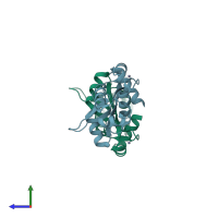 PDB entry 2fe3 coloured by chain, side view.