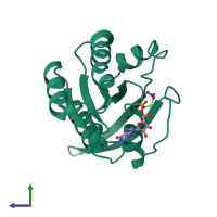 PDB entry 2fe4 coloured by chain, side view.