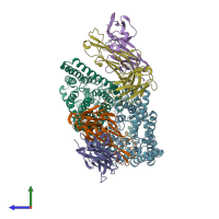 PDB entry 2fed coloured by chain, side view.