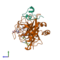 PDB entry 2feq coloured by chain, side view.