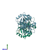 PDB entry 2fg0 coloured by chain, side view.