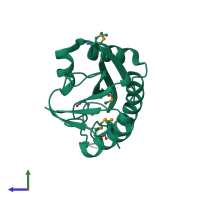 PDB entry 2fg1 coloured by chain, side view.