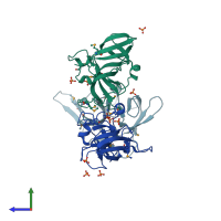PDB entry 2fhd coloured by chain, side view.