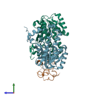 PDB entry 2fhs coloured by chain, side view.