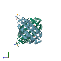 PDB entry 2fiu coloured by chain, side view.