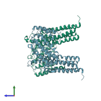 PDB entry 2fji coloured by chain, side view.