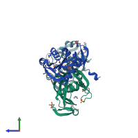 PDB entry 2fkb coloured by chain, side view.