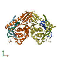 PDB entry 2fkc coloured by chain, front view.