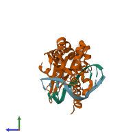 PDB entry 2fl3 coloured by chain, side view.