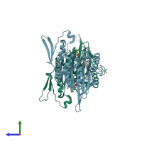 PDB entry 2fl6 coloured by chain, side view.