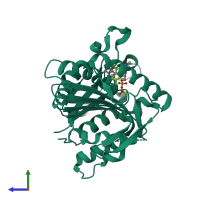 Monomeric assembly 1 of PDB entry 2fme coloured by chemically distinct molecules, side view.