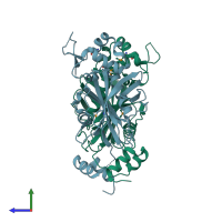 PDB entry 2fml coloured by chain, side view.