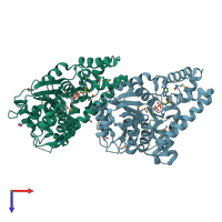 PDB entry 2fna coloured by chain, top view.