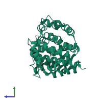 PDB entry 2foz coloured by chain, side view.