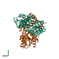 PDB entry 2fp4 coloured by chain, side view.