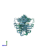 PDB entry 2fp9 coloured by chain, side view.