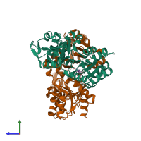 PDB entry 2fpg coloured by chain, side view.
