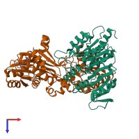 PDB entry 2fpg coloured by chain, top view.