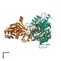 PDB entry 2fpi coloured by chain, top view.