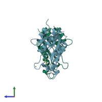 PDB entry 2fpu coloured by chain, side view.