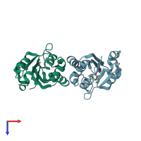 PDB entry 2fpw coloured by chain, top view.