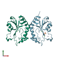 PDB entry 2fpx coloured by chain, front view.