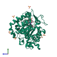 PDB entry 2fpy coloured by chain, side view.