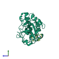 Monomeric assembly 2 of PDB entry 2fq9 coloured by chemically distinct molecules, side view.