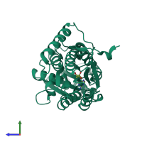 PDB entry 2fqy coloured by chain, side view.