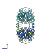 PDB entry 2fs9 coloured by chain, side view.
