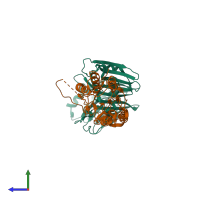 Hetero dimeric assembly 1 of PDB entry 2fun coloured by chemically distinct molecules, side view.