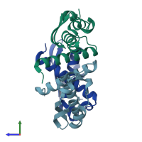 PDB entry 2fvh coloured by chain, side view.