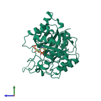 Monomeric assembly 2 of PDB entry 2fvl coloured by chemically distinct molecules, side view.