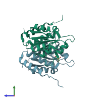 PDB entry 2fw6 coloured by chain, side view.