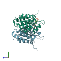 PDB entry 2fwi coloured by chain, side view.
