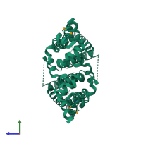 Homo dimeric assembly 1 of PDB entry 2fx0 coloured by chemically distinct molecules, side view.