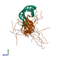 PDB entry 2fy1 coloured by chain, ensemble of 17 models, side view.