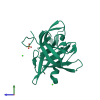 PDB entry 2fyq coloured by chain, side view.