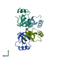 PDB entry 2fz6 coloured by chain, side view.