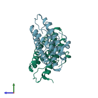 PDB entry 2fzf coloured by chain, side view.