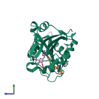 PDB entry 2fzi coloured by chain, side view.