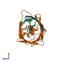PDB entry 2g16 coloured by chain, side view.