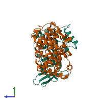 Hetero dimeric assembly 2 of PDB entry 2g9x coloured by chemically distinct molecules, side view.
