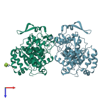 PDB entry 2gak coloured by chain, top view.